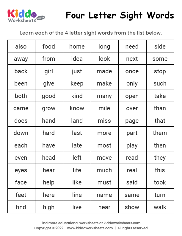 Free Printable Four Letter Sight Words Worksheet - kiddoworksheets