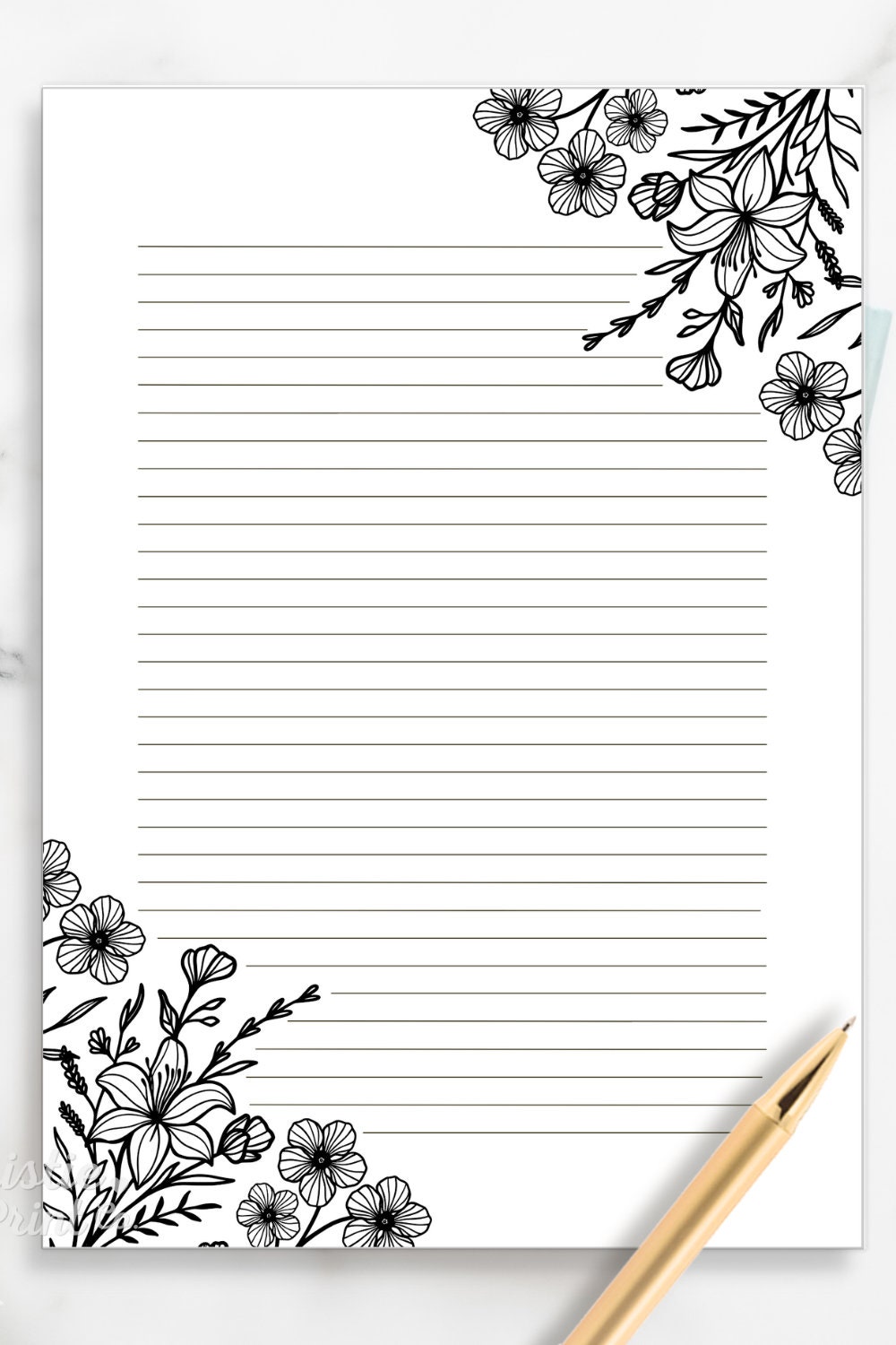 Black and White Floral Lined Paper, Printable Stationery Paper