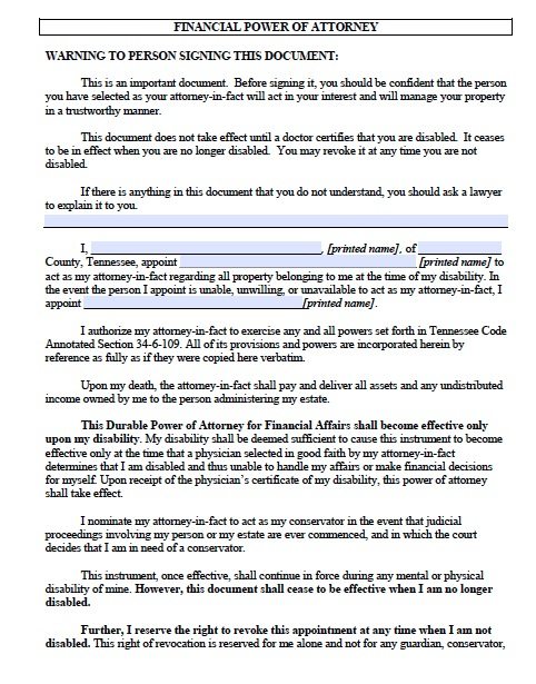 Free Tennessee Power Of Attorney Forms | PDF Templates