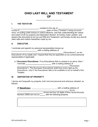 Free Ohio Last Will and Testament Form | PDF | WORD | ODT