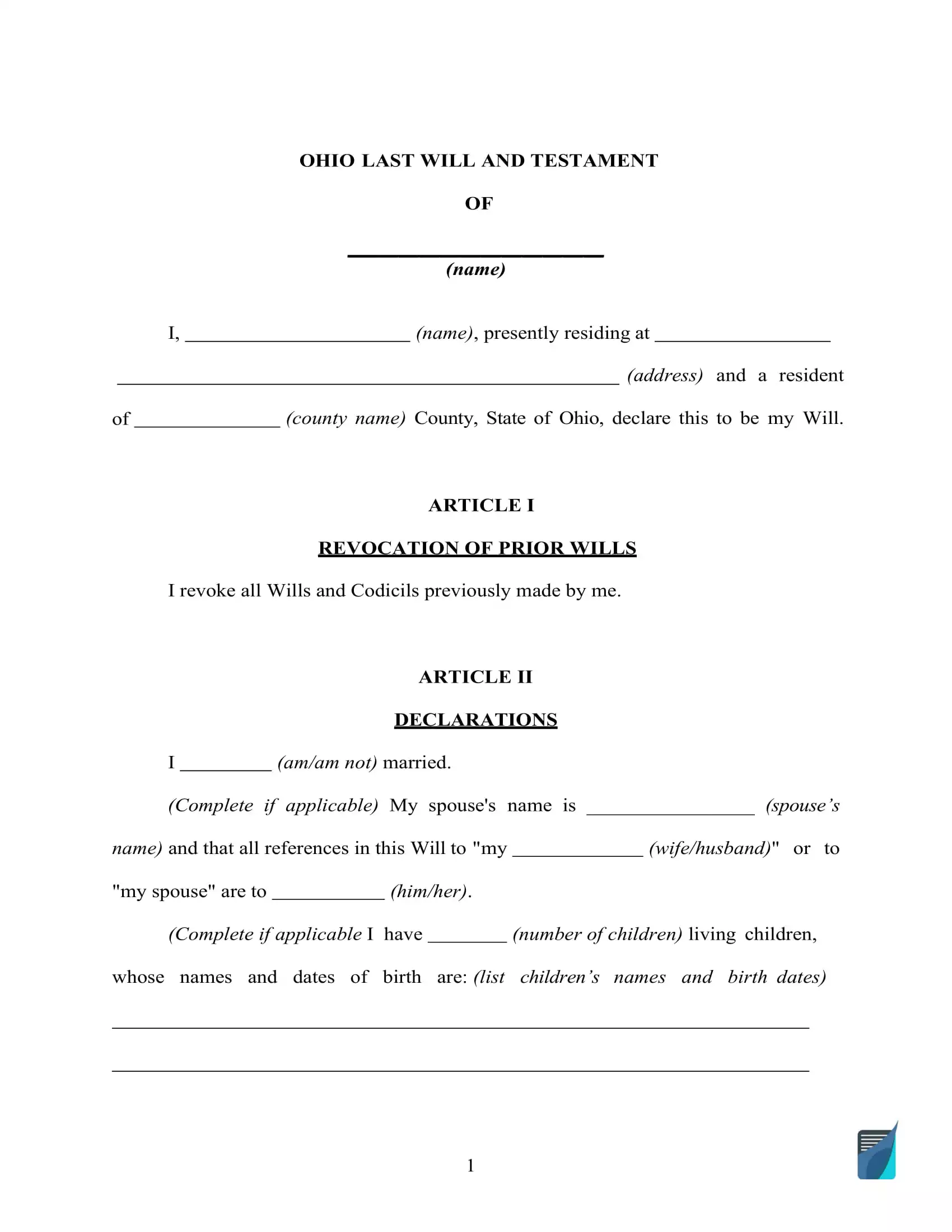 free printable living will forms ohio
