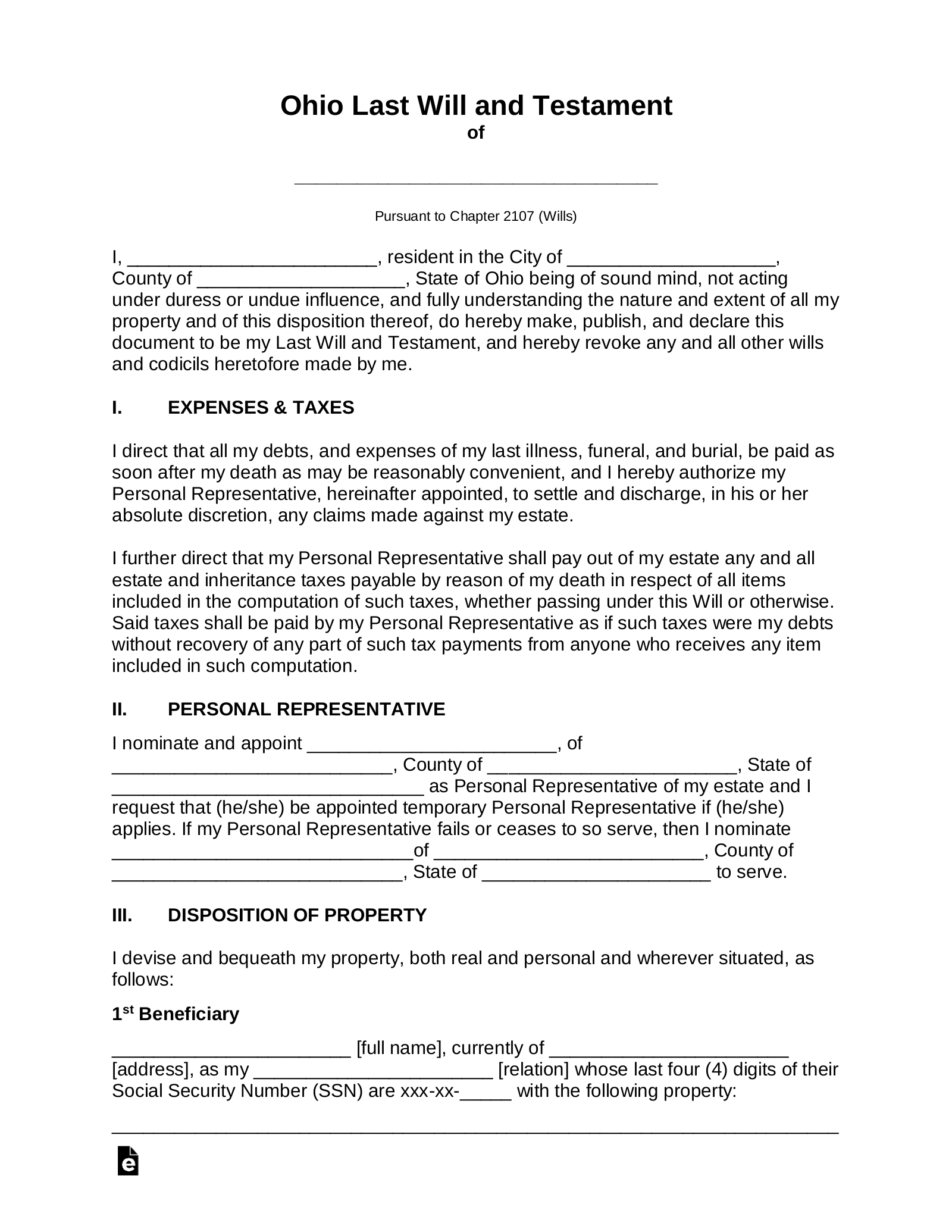 Free Ohio Last Will and Testament Template - PDF | Word - eForms