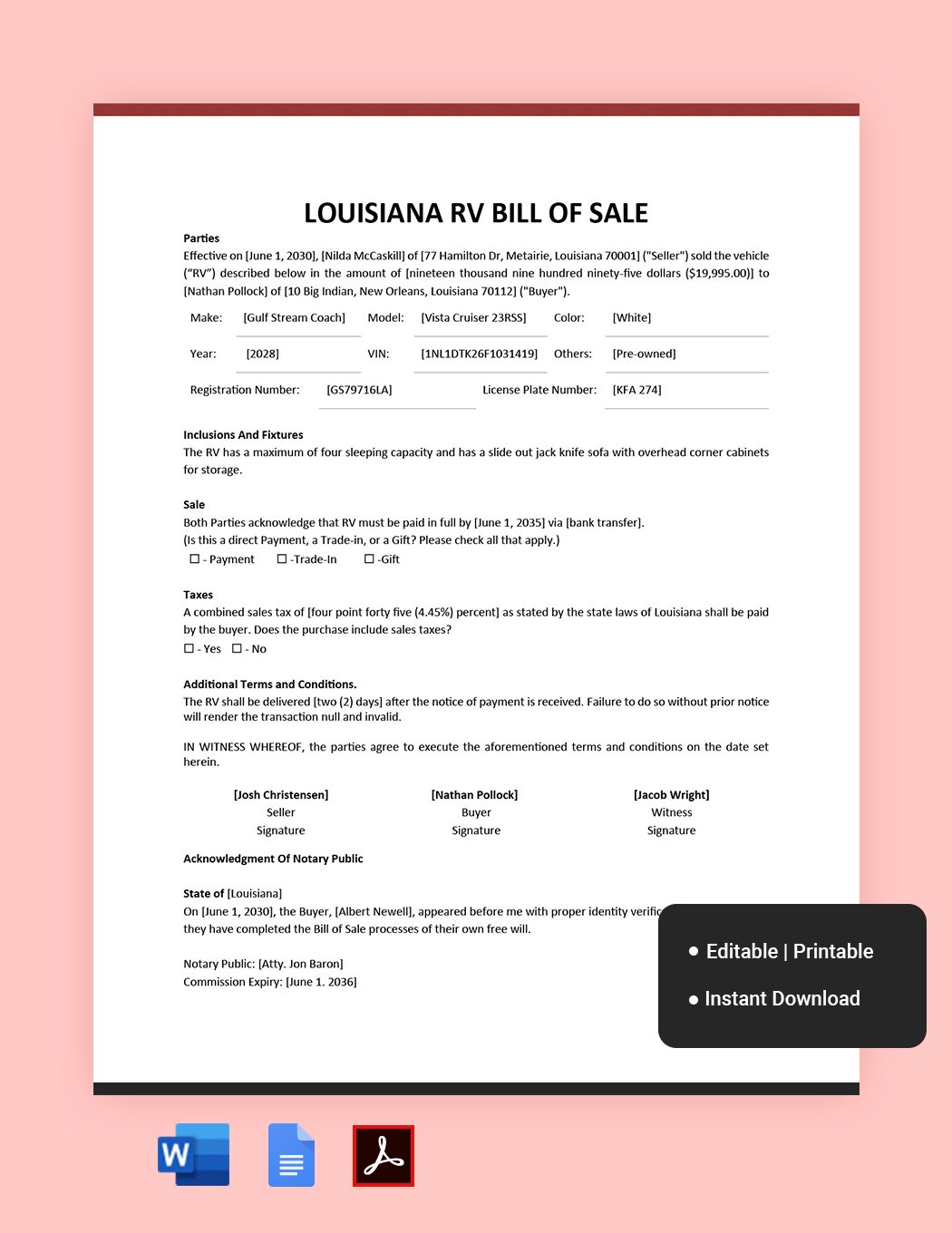 free printable louisiana bill of sale