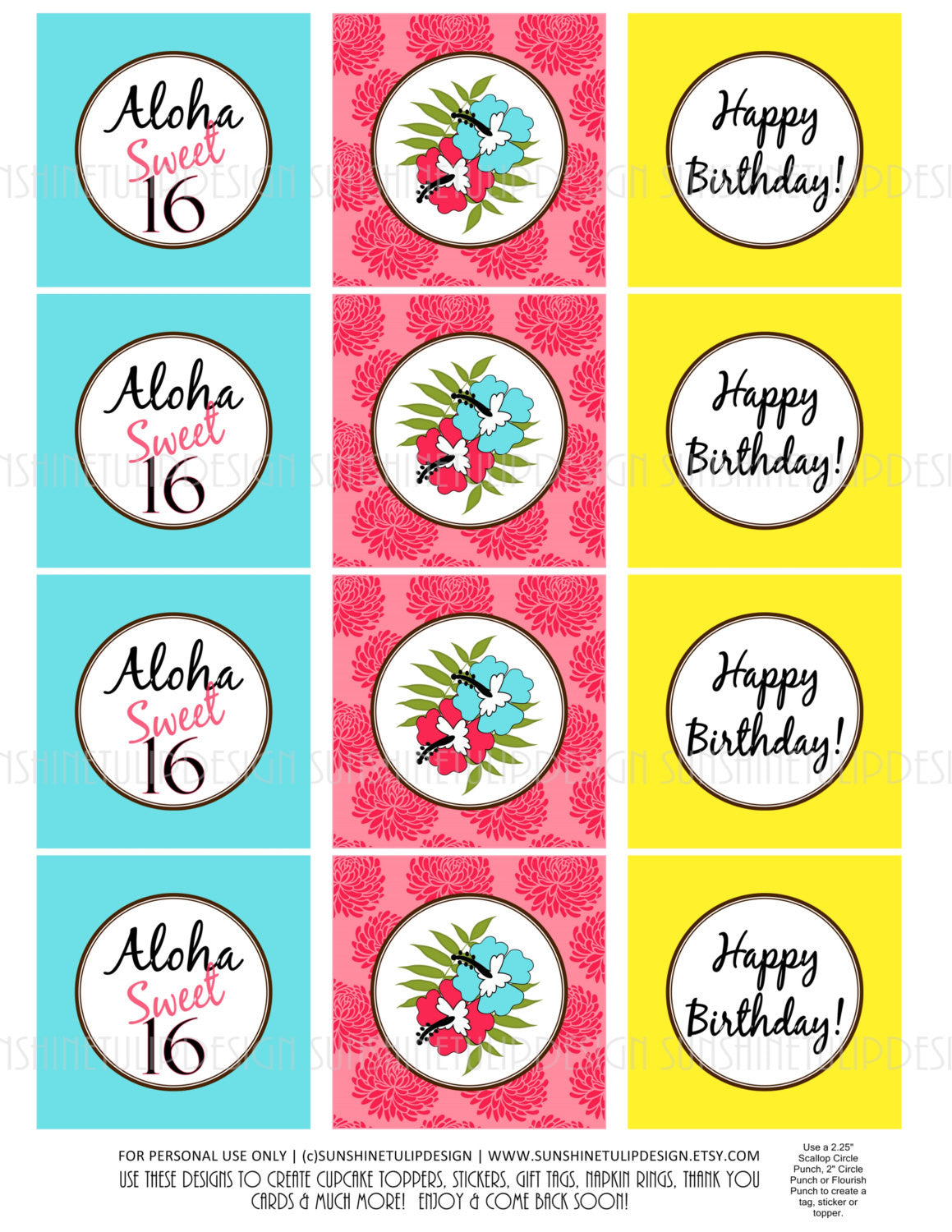 Printable Sweet 16 LUAU Birthday Cupcake Toppers, Luau Party Gift Tags by  SUNSHINETULIPDESIGN