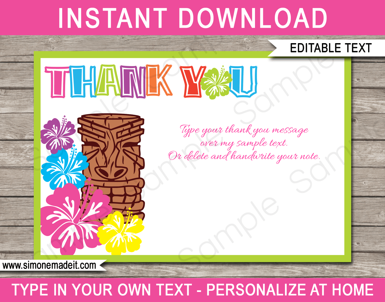 free printable luau thank you cards