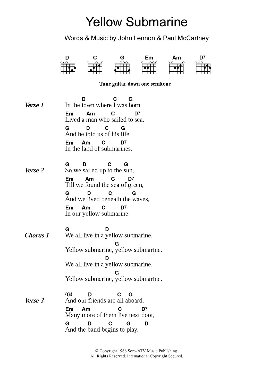 free printable lyrics yellow submarine