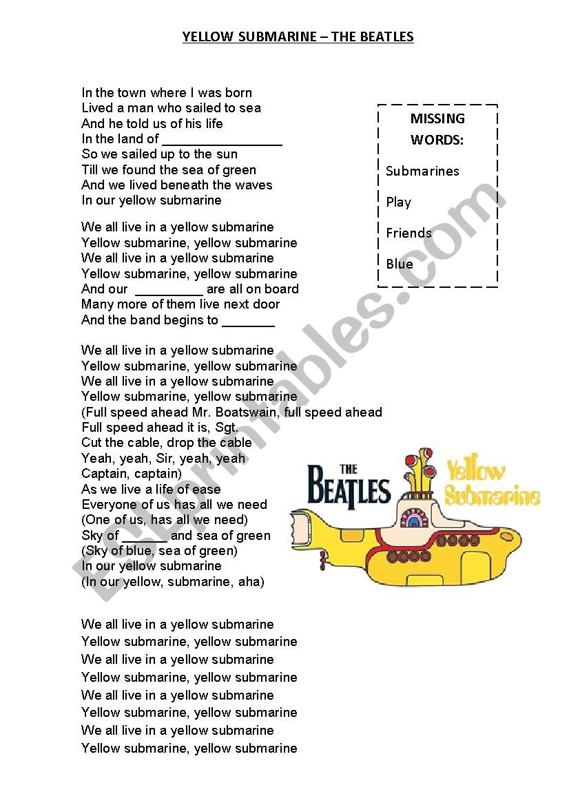 free printable lyrics yellow submarine