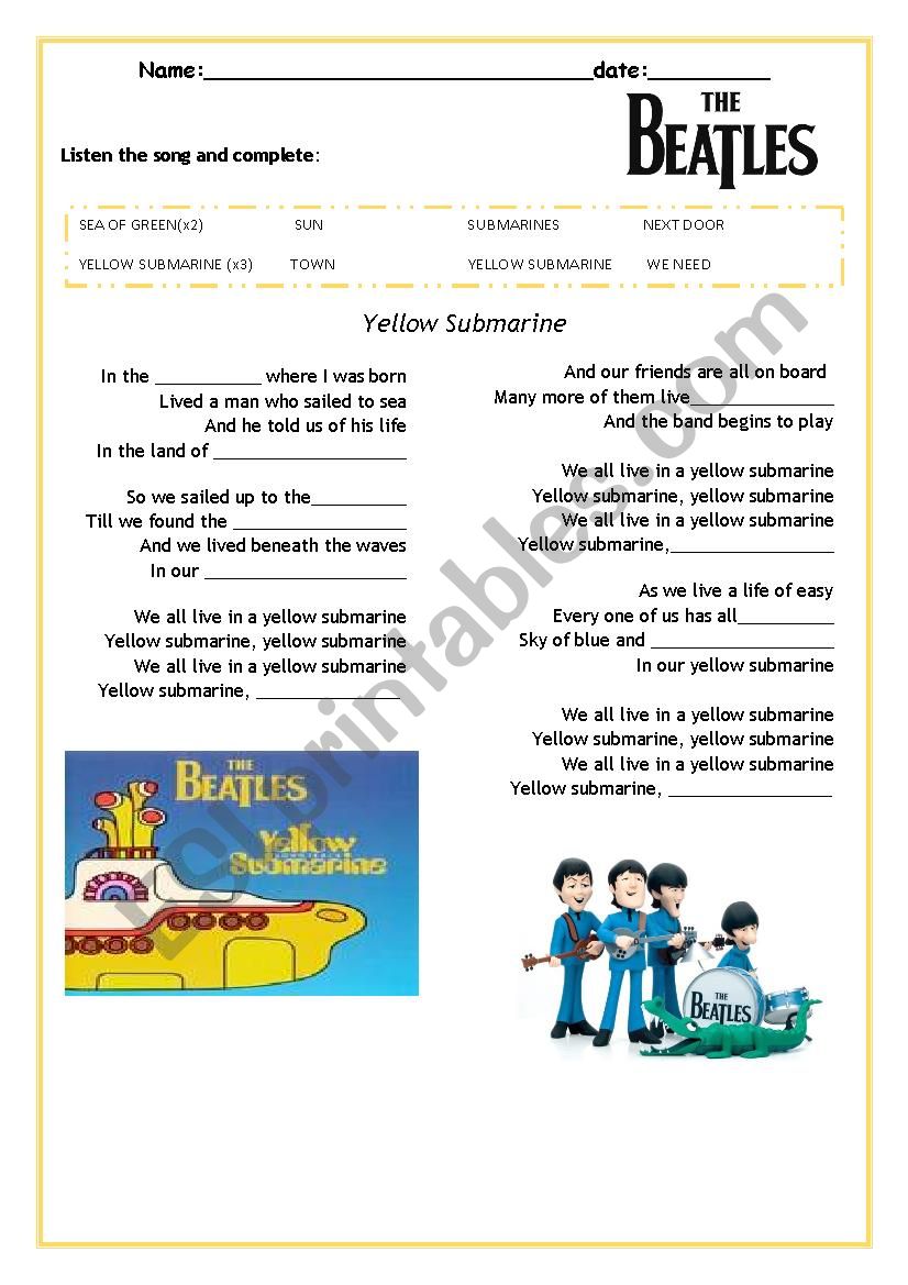 free printable lyrics yellow submarine