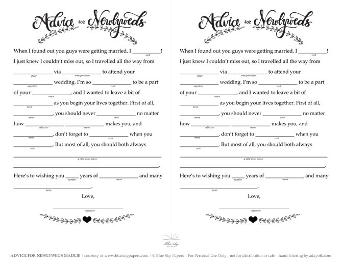 free printable mad libs for wedding reception