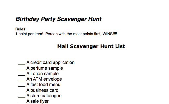 free printable mall scavenger hunt