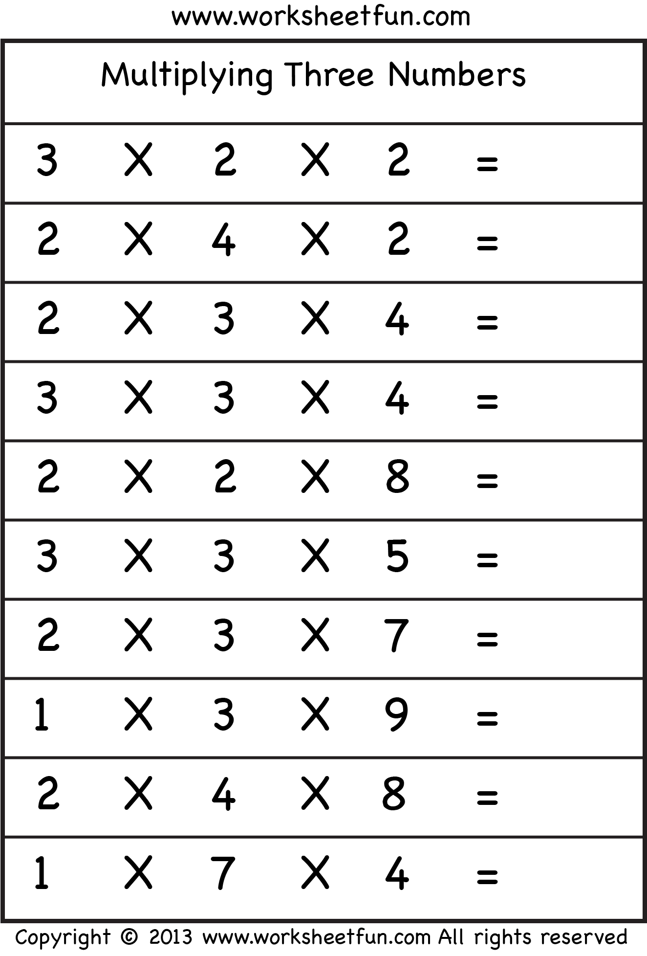 Multiplying 3 Numbers - Three Worksheets / FREE Printable ...