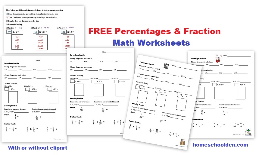 Free Percentages and Fractions Math Worksheets - Homeschool Den