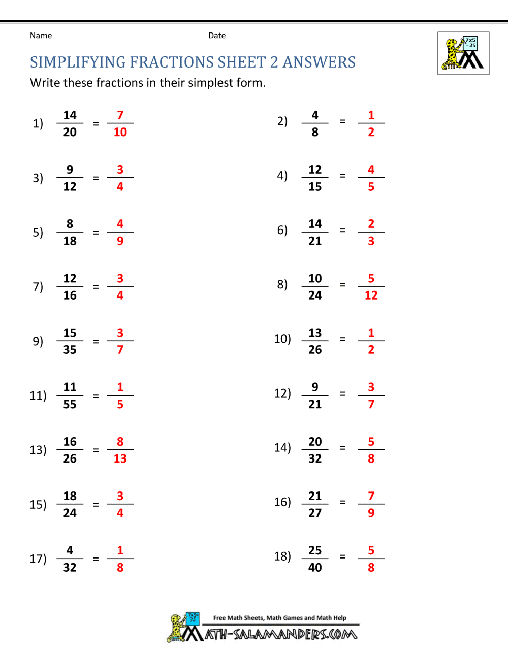 free printable math worksheet reducing fractions