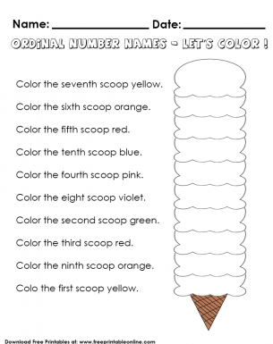 Lets Color the Ice Cream! Ordinal Number Names - Math Worksheet