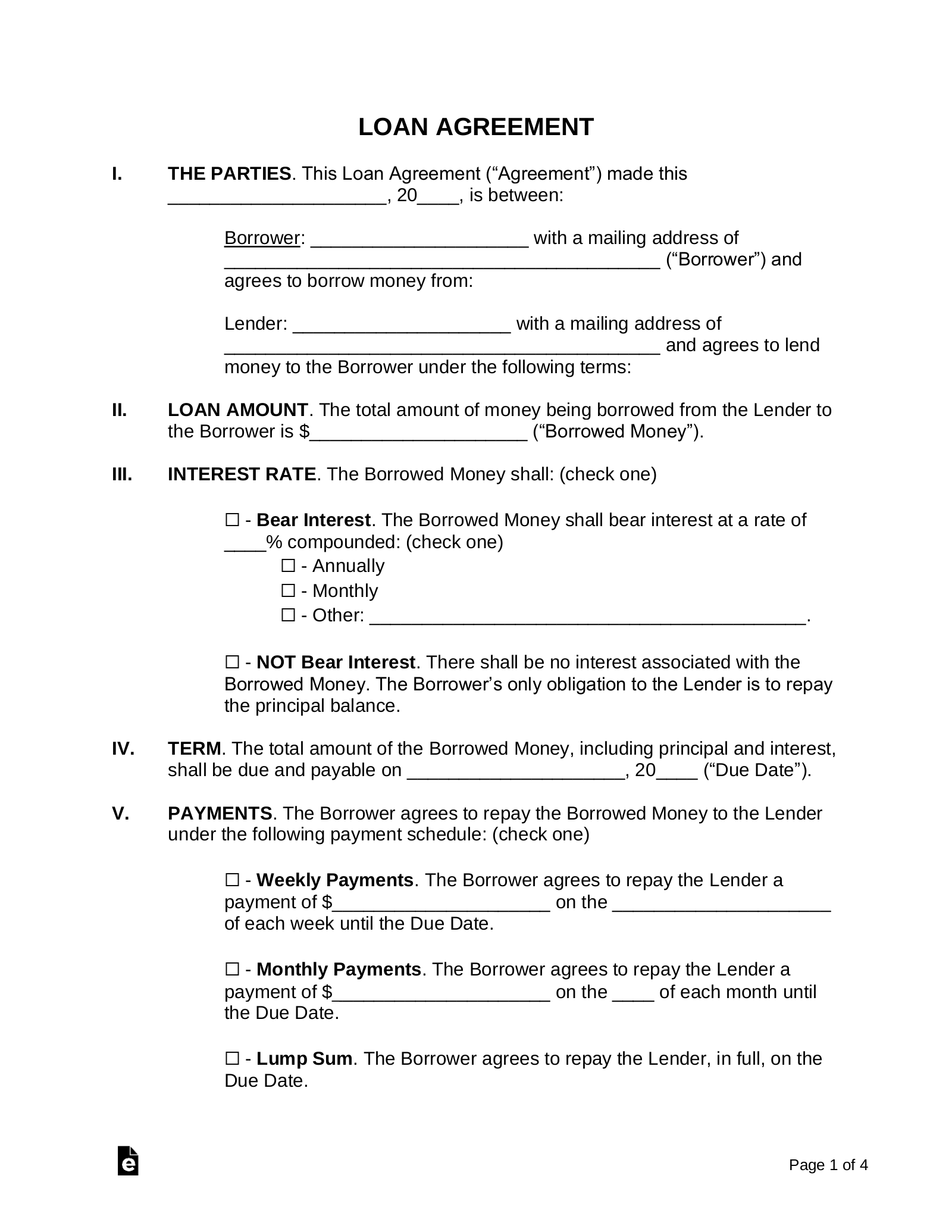 free printable money loan contract