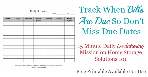 free printable monthly bill chart