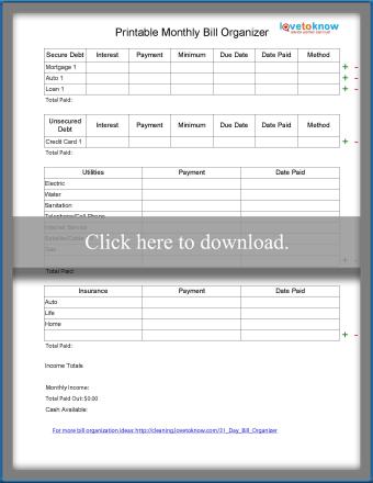 Printable Monthly Bill Organizer | LoveToKnow