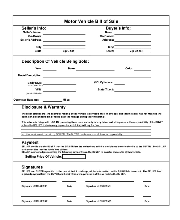 free printable motor vehicle bill of sale