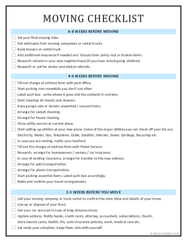 Free Printable Moving Checklist