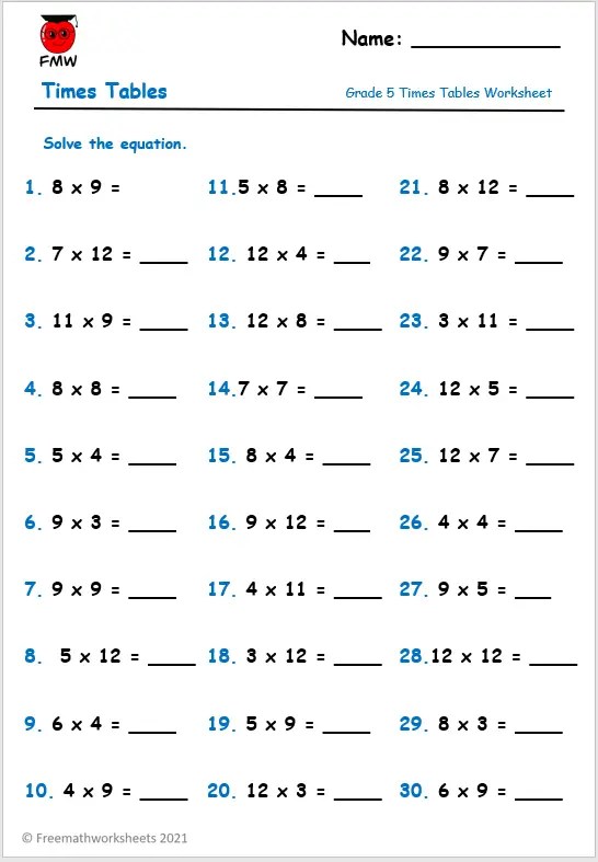 free printable multiplication worksheet for 5th grade