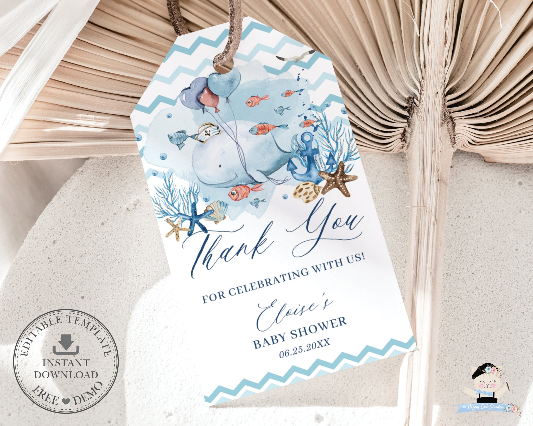 Whale Nautical Thank You Favor Gift Tags Printable, EDITABLE ...