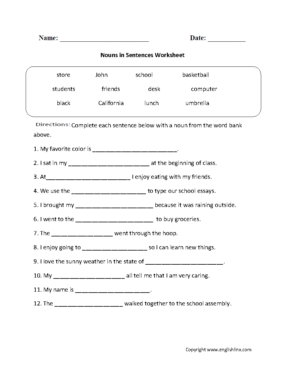 free printable noun worksheet