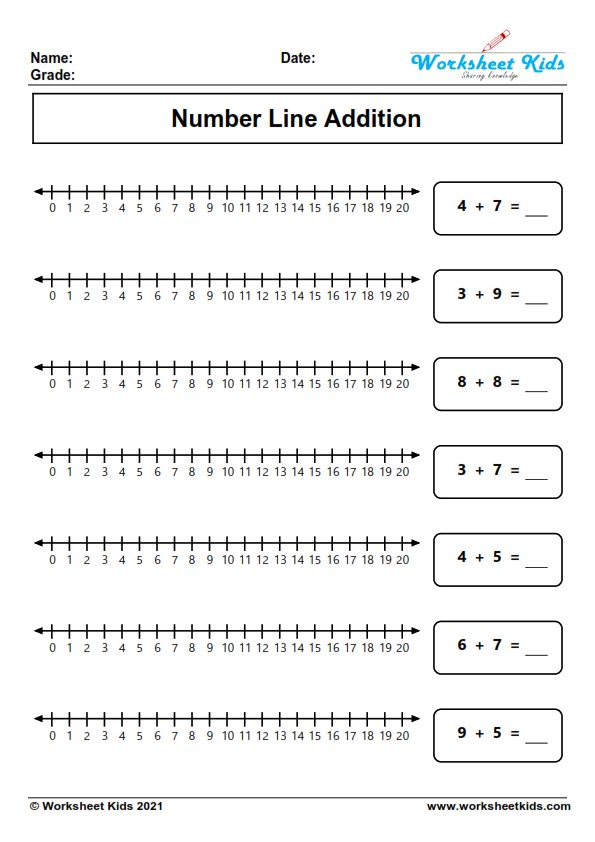Number line addition worksheets for grade 1 - Free printable PDF