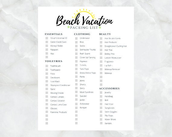 free printable packing list for beach vacation