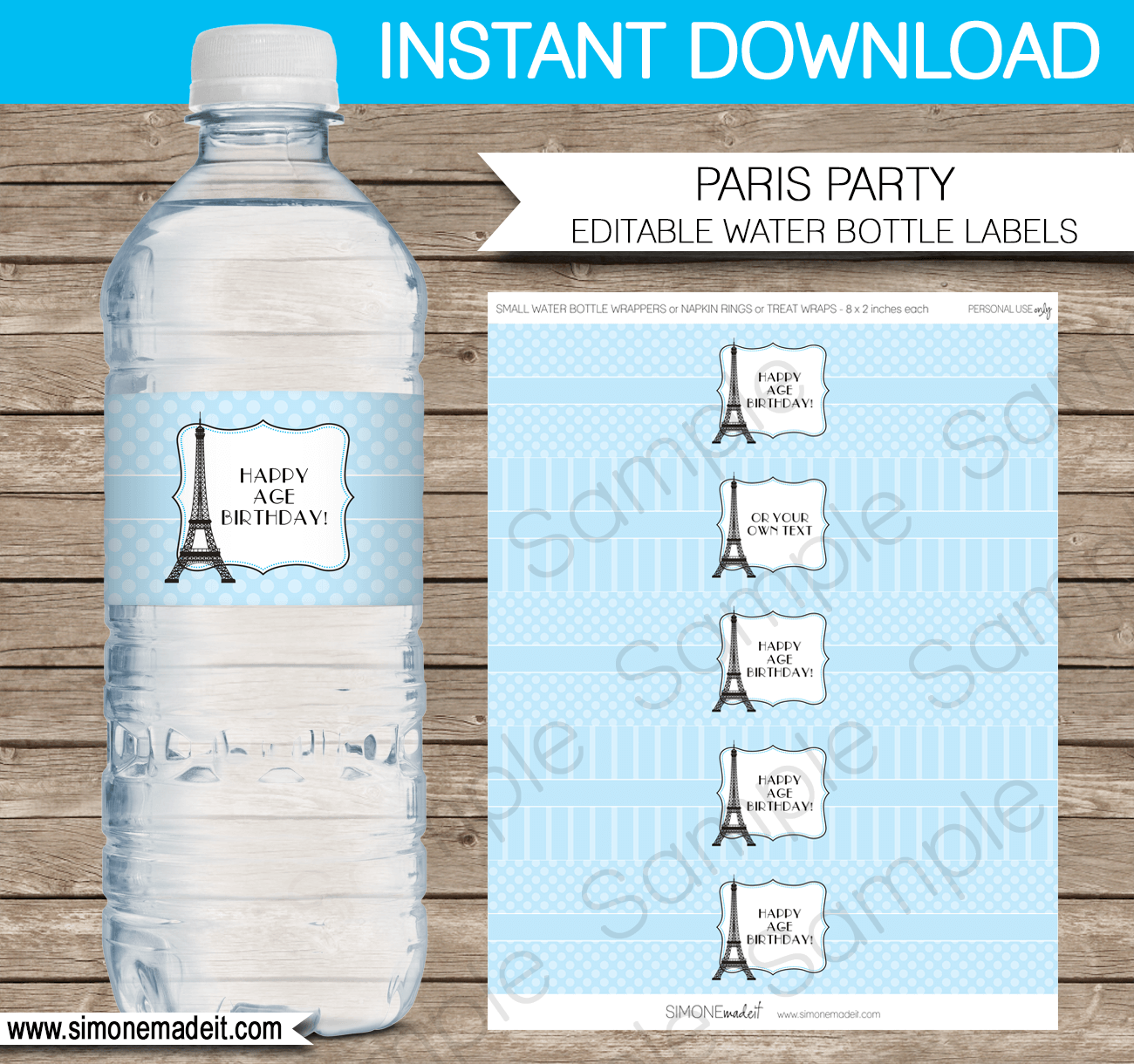 Paris Party Water Bottle Labels template - blue