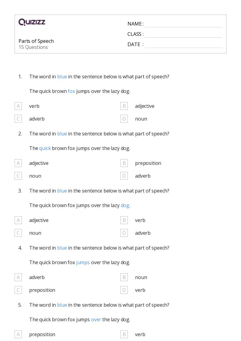 free printable parts of speech worksheet