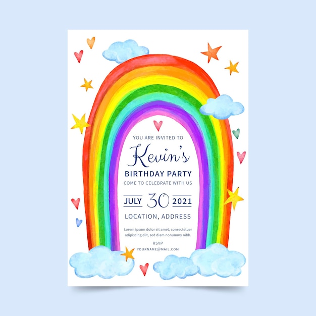 Free Vector | Hand painted watercolor rainbow birthday invitation ...