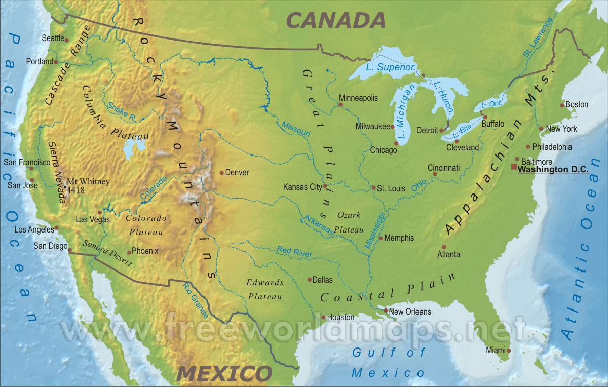 free printable physical map of the united states