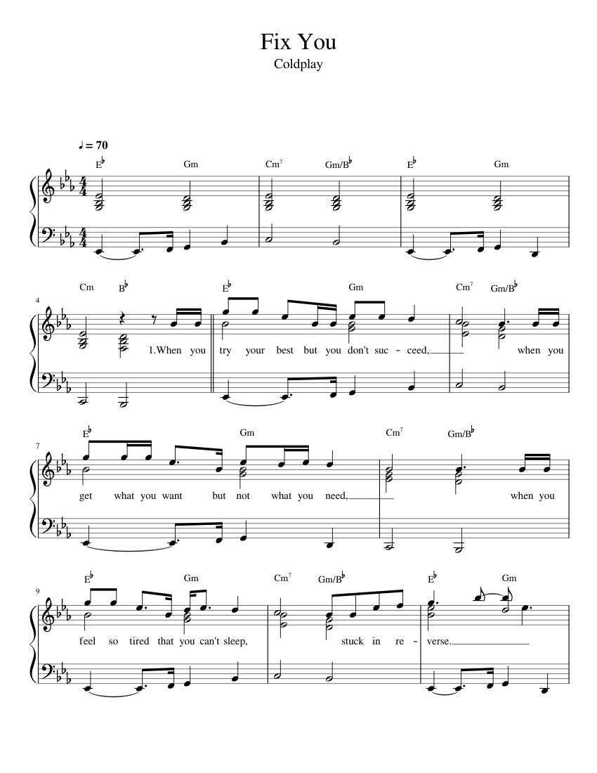 free printable piano sheet music fix you coldplay