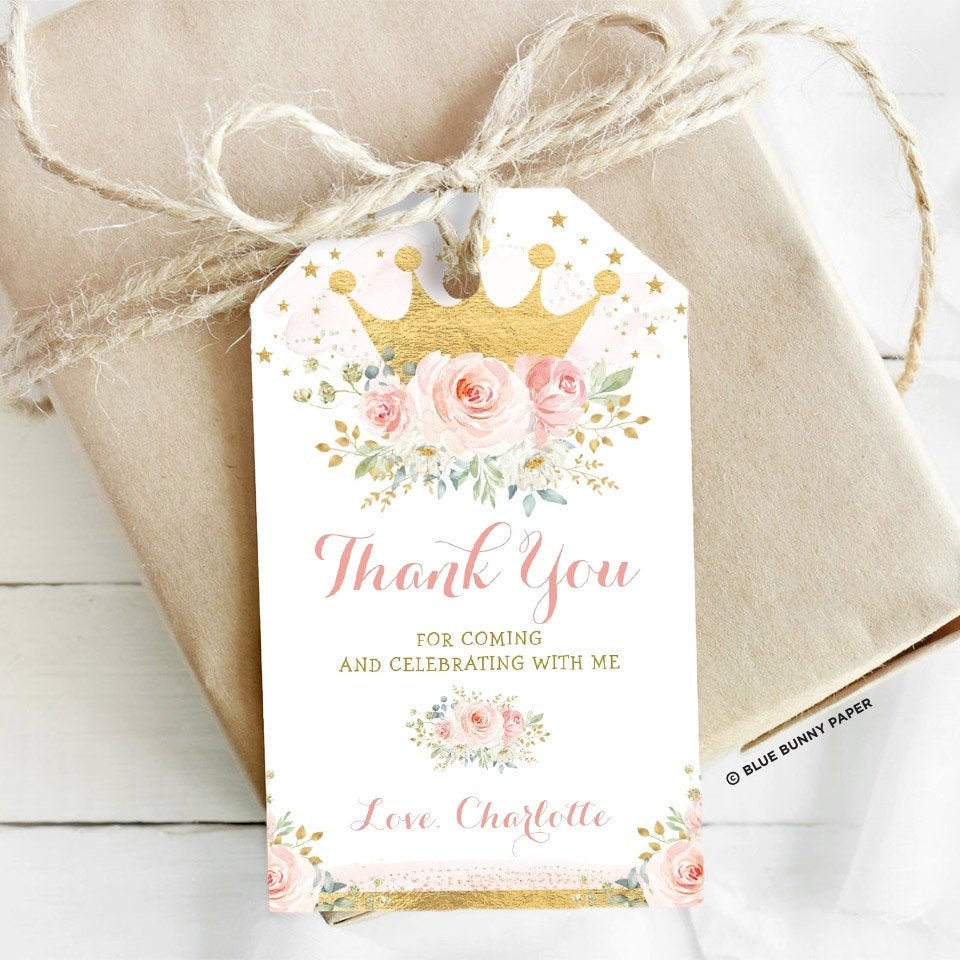 Princess Birthday Favor Tags. Gold Crown Baby Shower Thank You ...