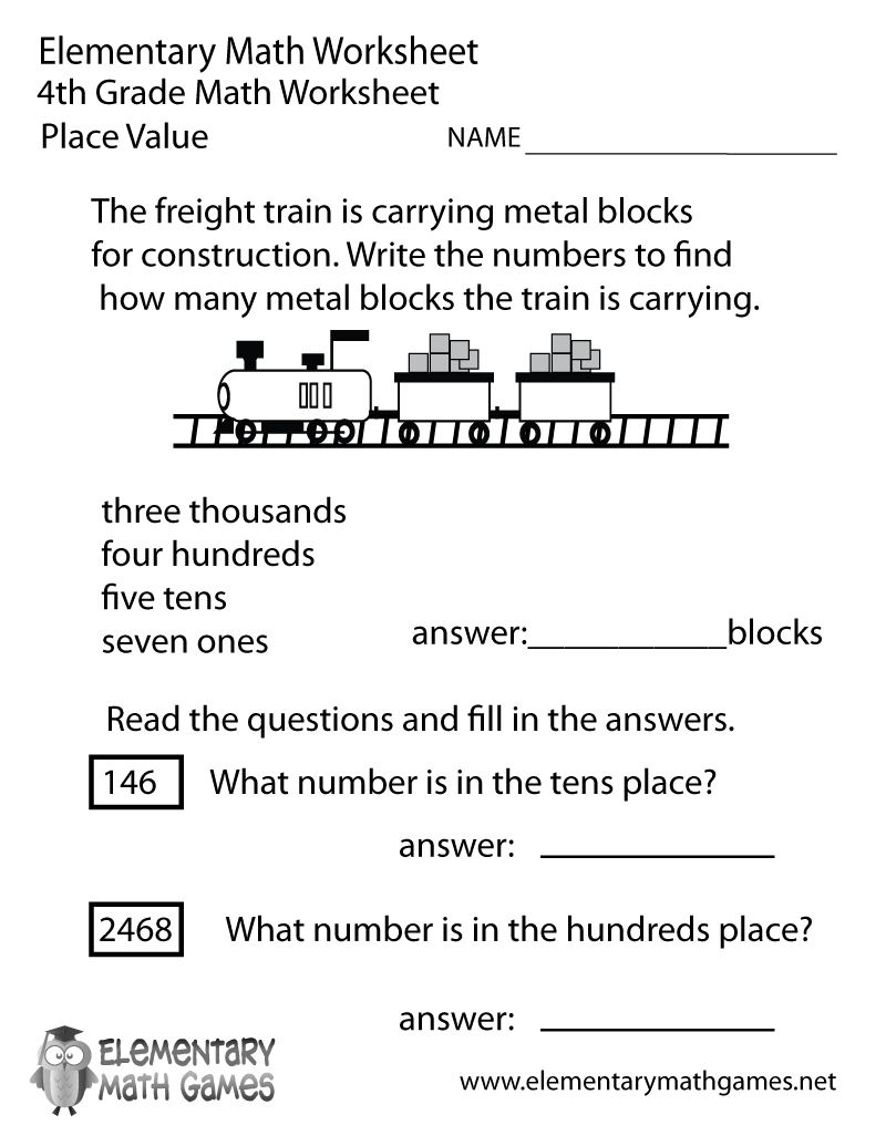Free Printable Place Value Worksheet for Fourth Grade