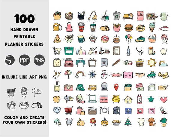 100 Printable Planner Stickers, digital planner stickers, stickers ...
