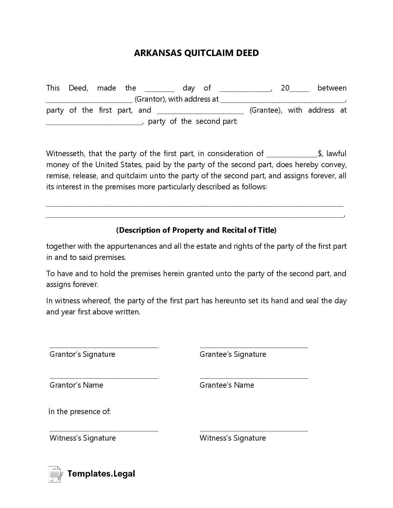 free printable quit claim deed arkansas