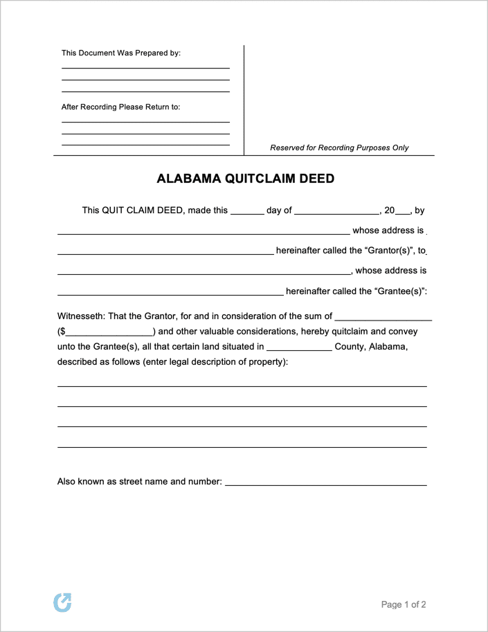 Free Alabama Quit Claim Deed Form | PDF | WORD