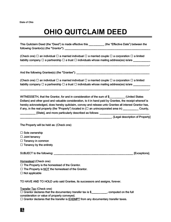 free printable quit claim deed form ohio