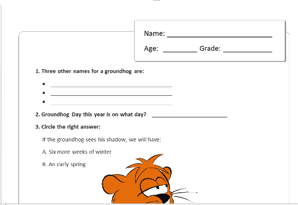 Childrens Groundhog Day Quiz Template For Word
