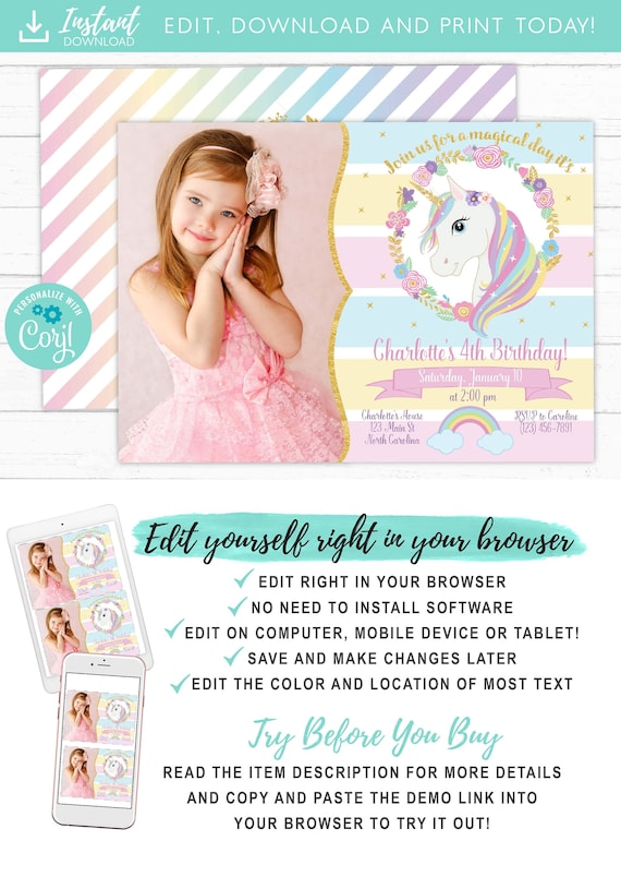 free printable rainbow unicorn birthday invitations