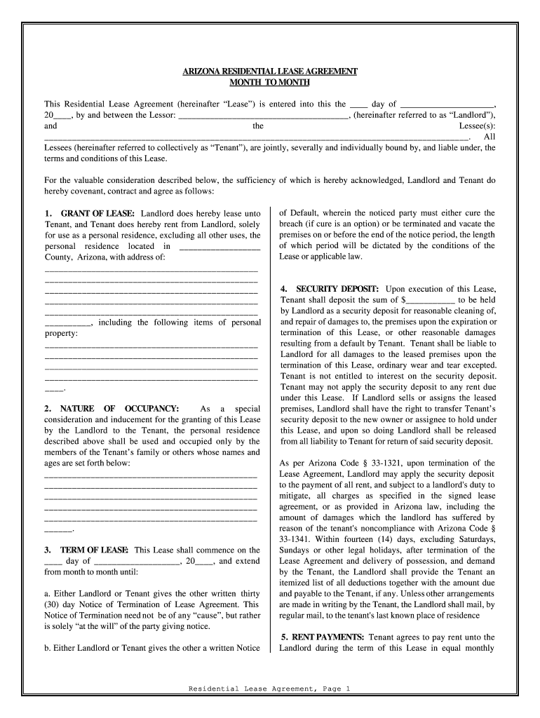 free printable rental agreement form az