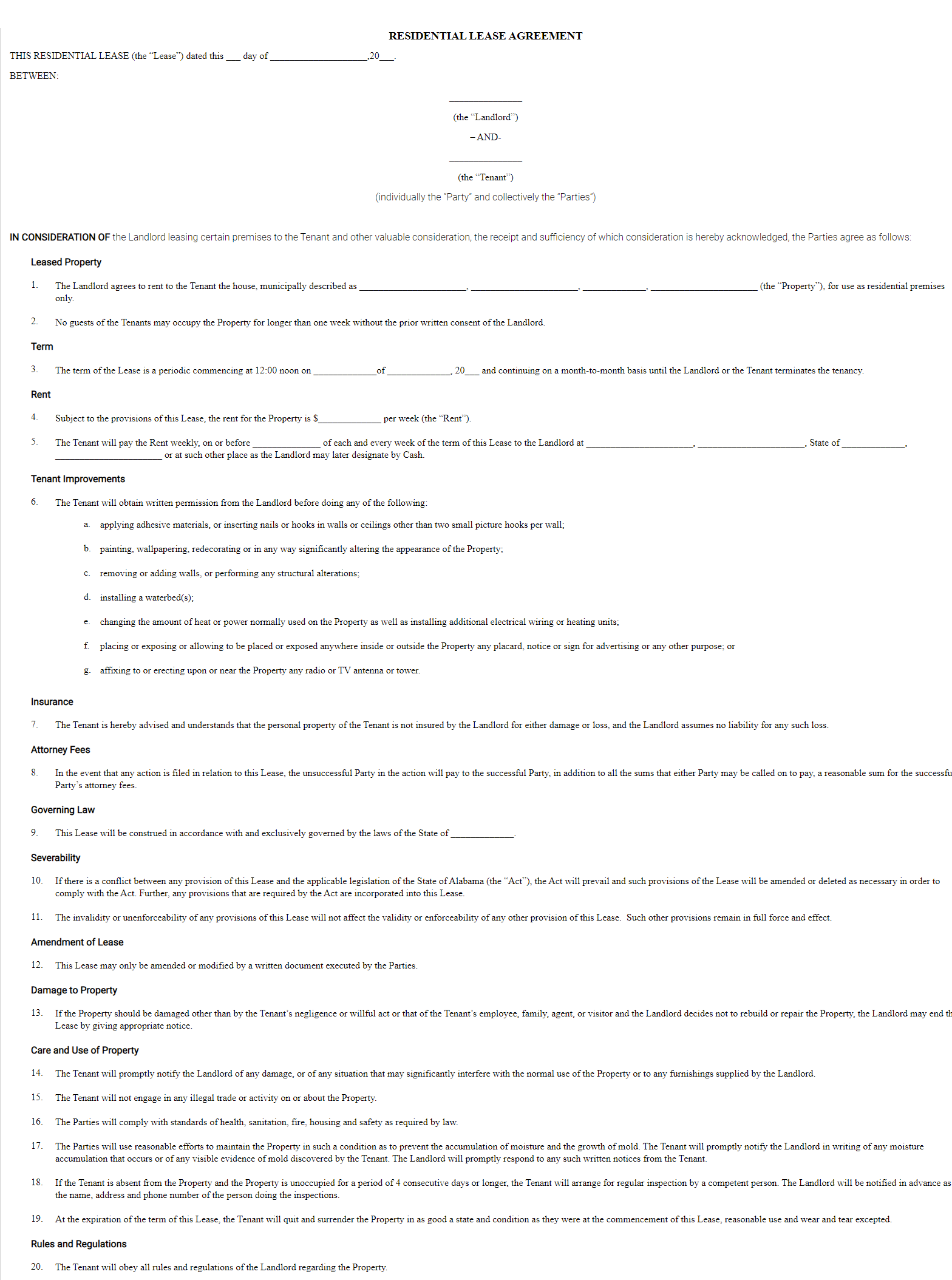 free printable rental agreement form az