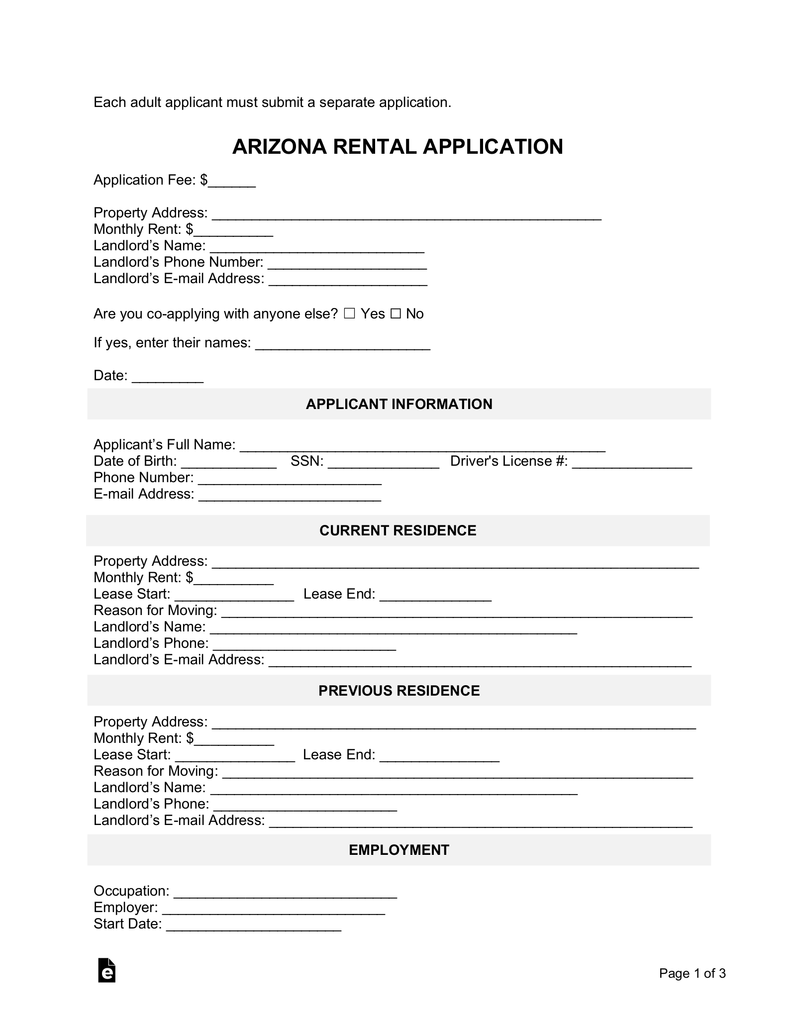 free printable rental agreement form az