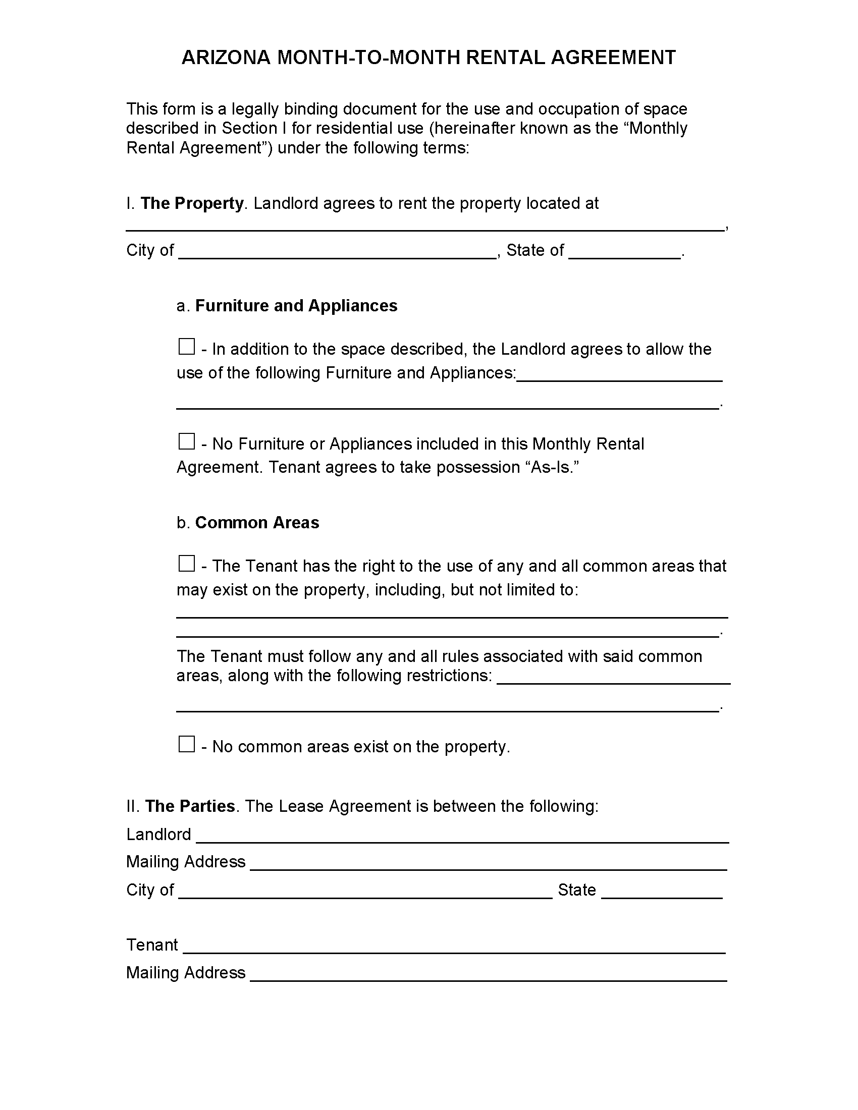 Free Arizona Month-to-Month Rental Agreement Template | PDF | Word