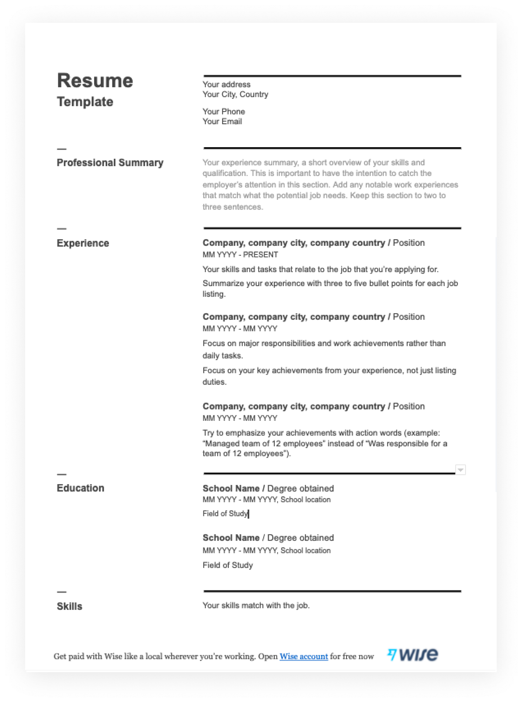 free printable resume pdf
