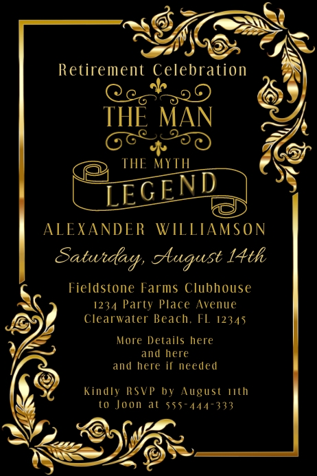 Retirement Party Black Gold Mans Invitation Template | PosterMyWall