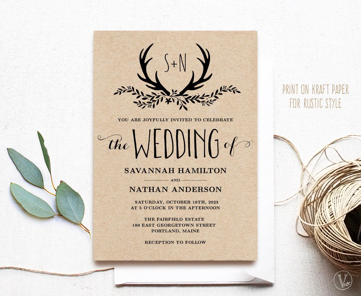 Rustic Antler Wedding Invitation, Editable Rustic Wedding ...