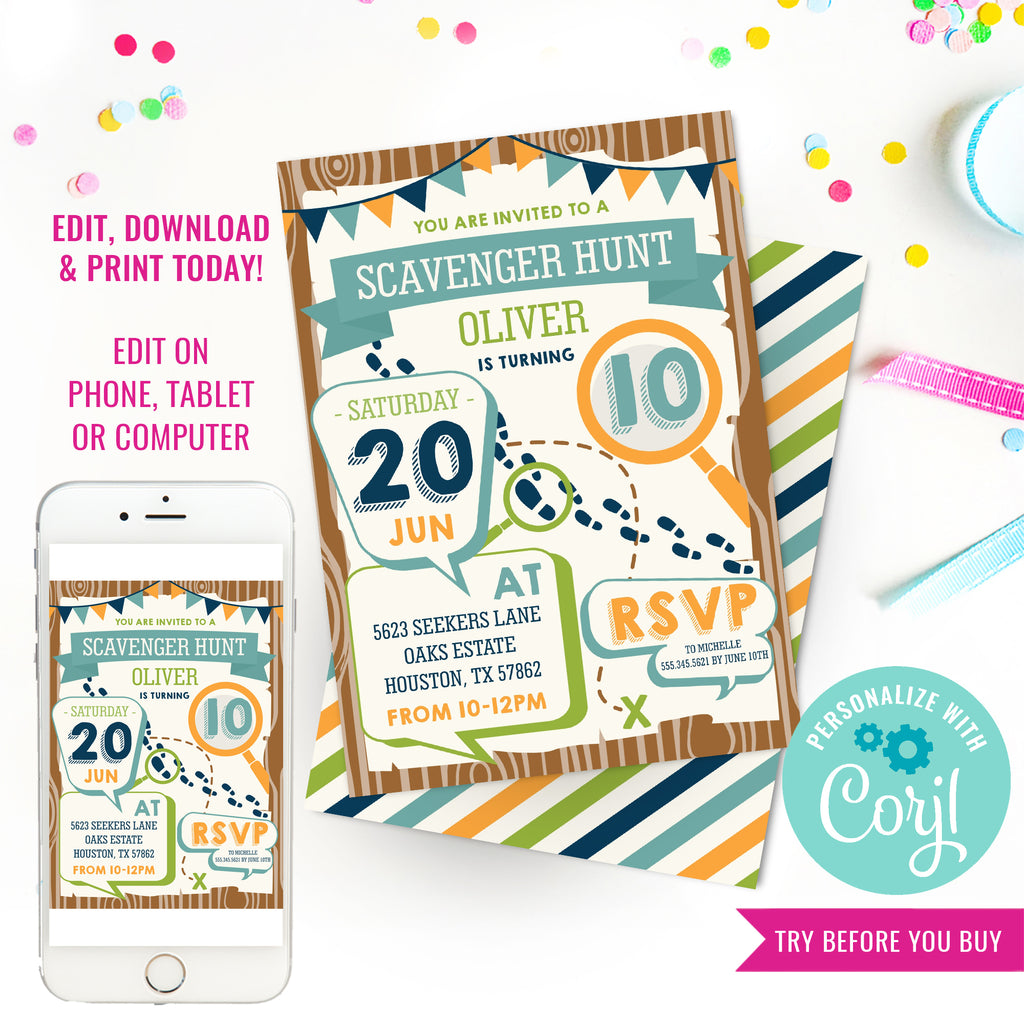 Scavenger Hunt Birthday Party Invitation | Boys Detective Party Invitation