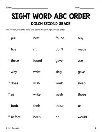 Second Grade Sight Words Worksheets - ABC Order, All 46 Dolch 2nd ...